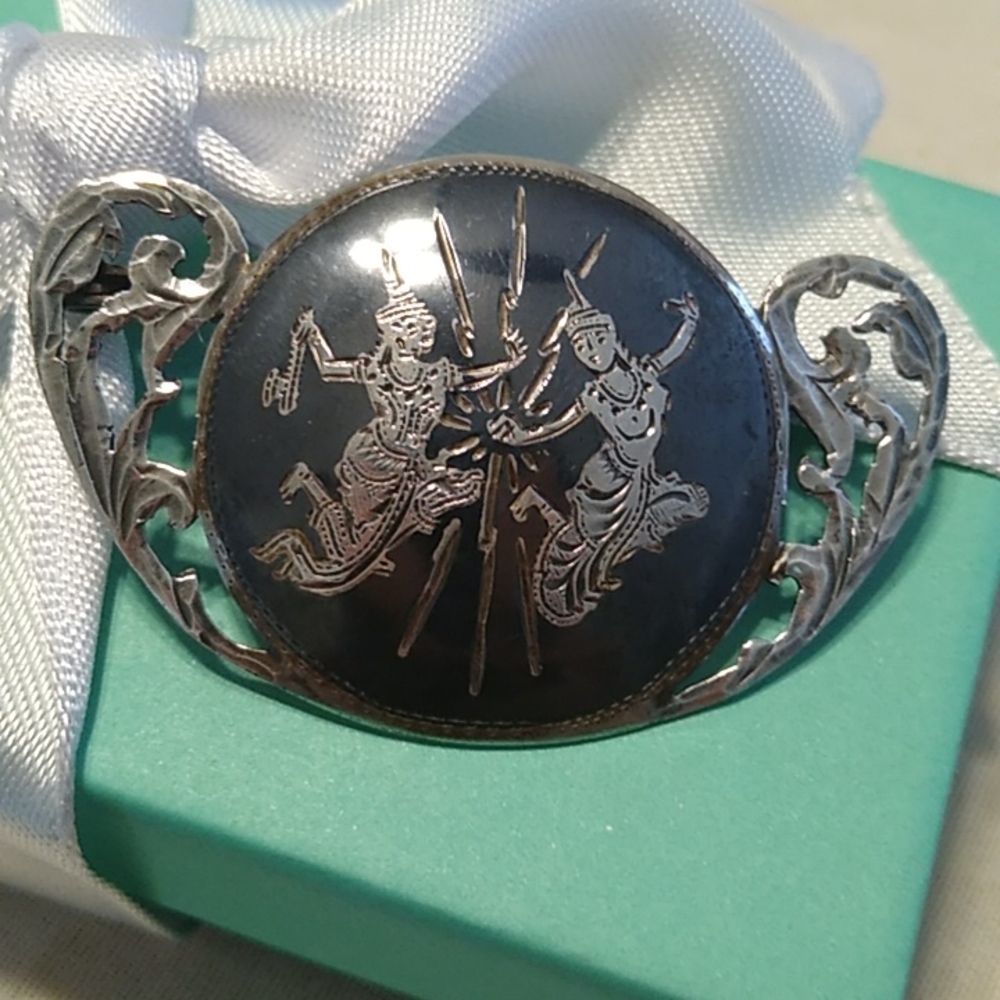 Vintage Siam Silver Niello Mekhala & Ramasun Brooch Pin Lightening Thunder